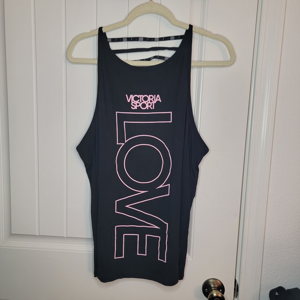 Victoria's Secret Sport Love Black Tank Top, Pink Text, XL